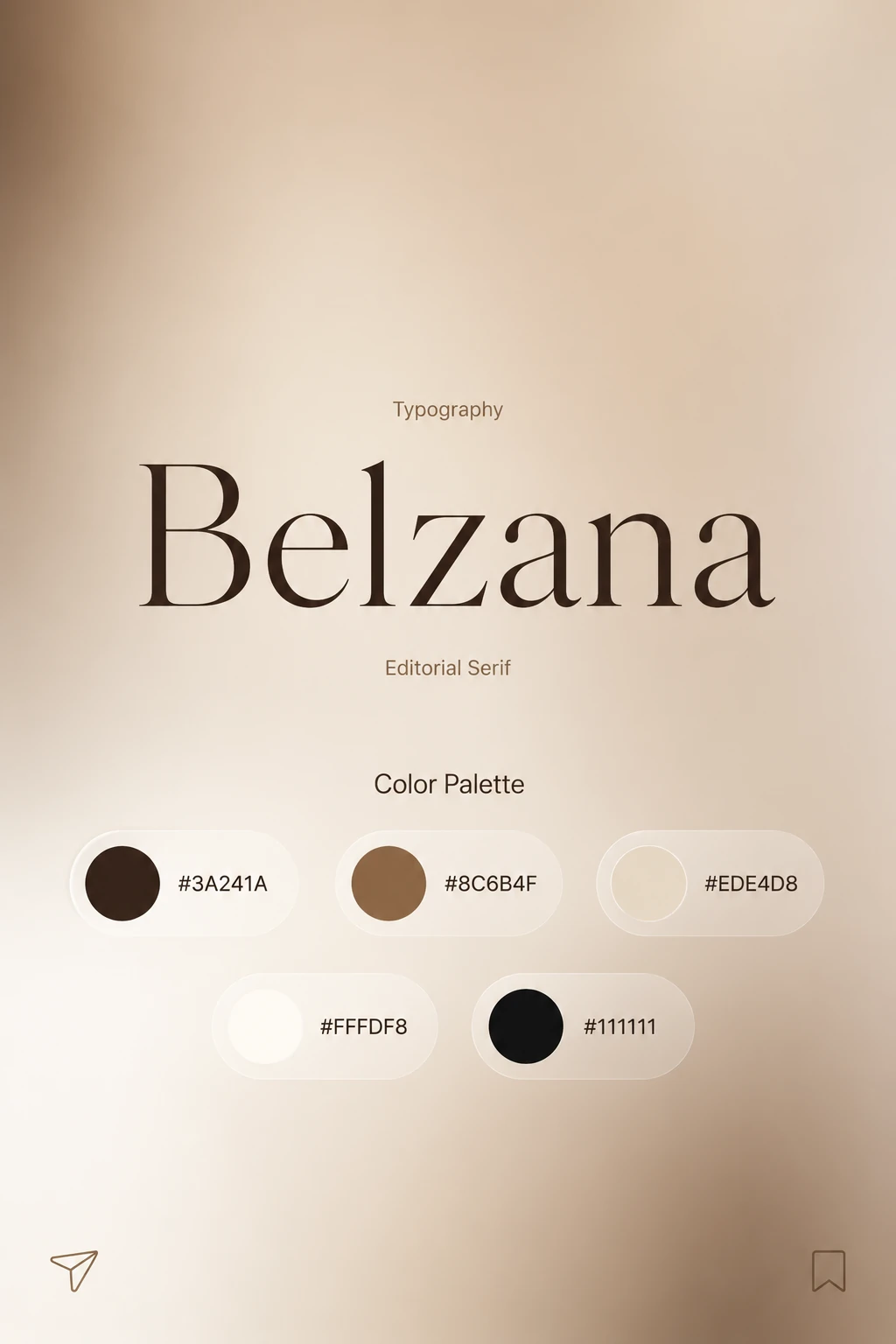 Belzana brand board: editorial serif wordmark and warm neutral colour palette with hex values