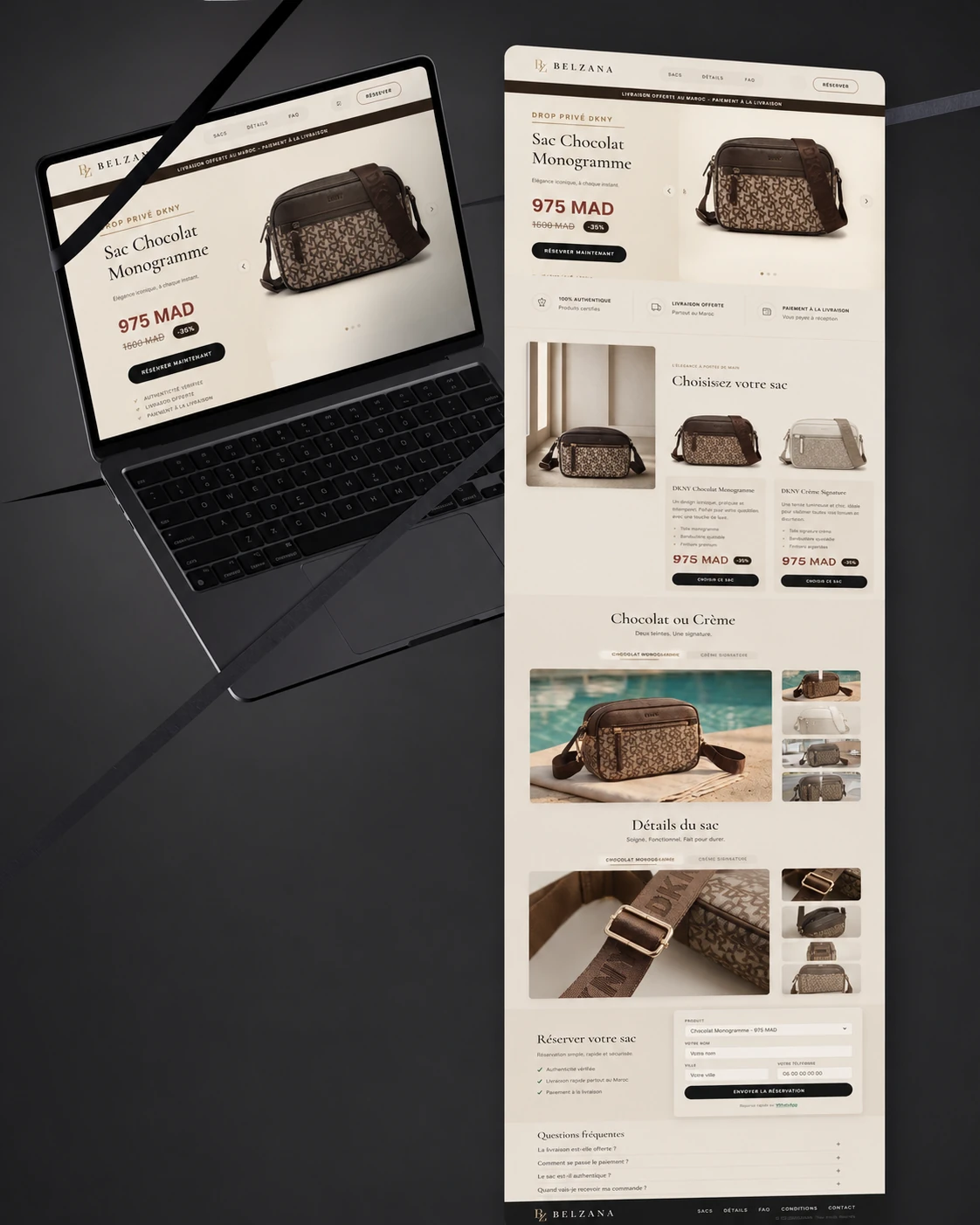 Belzana sales journey shown side by side: the laptop layout next to the full mobile page
