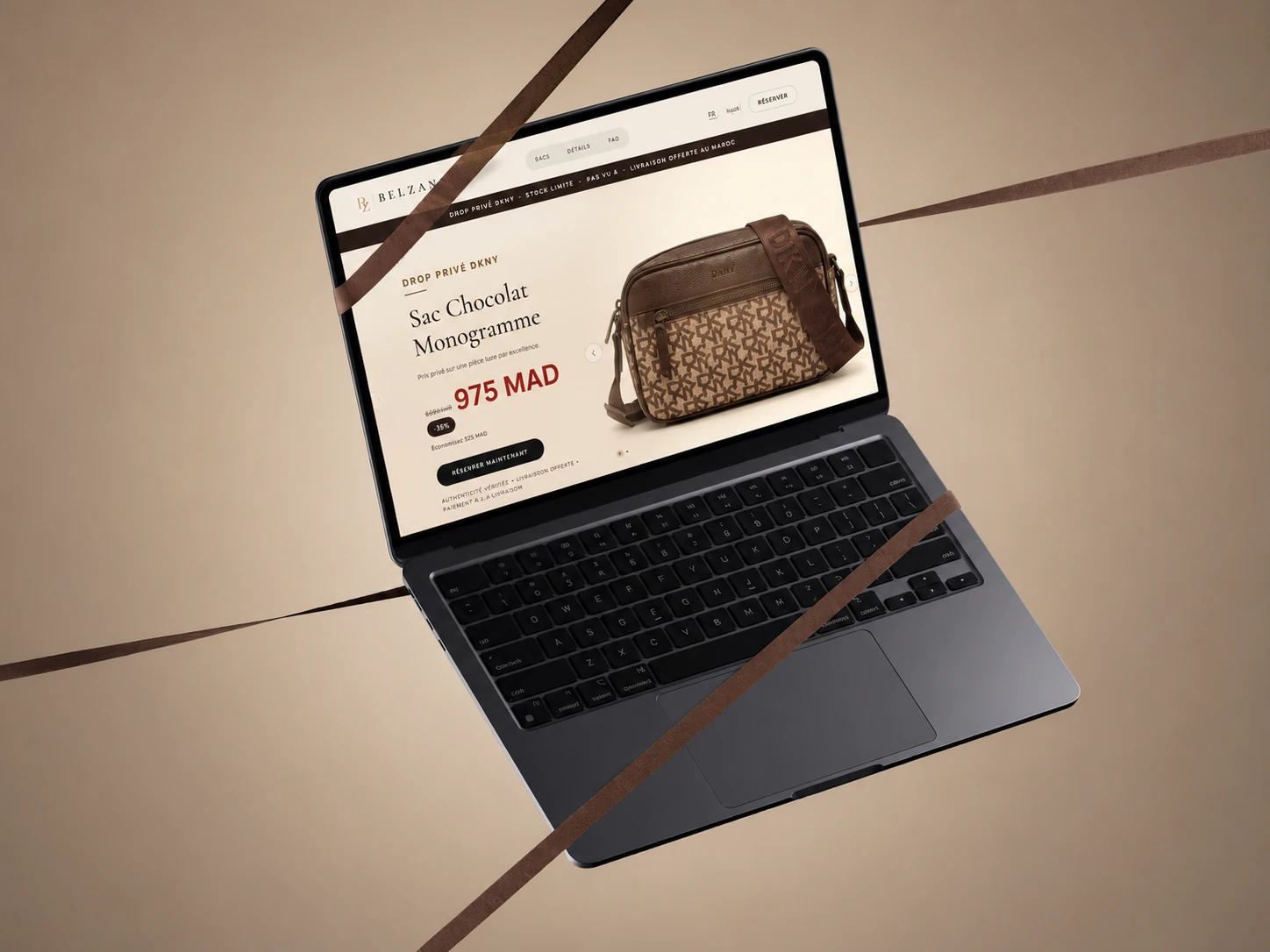 Belzana homepage and product page shown on a laptop, with the private drop price and the reservation call to action
