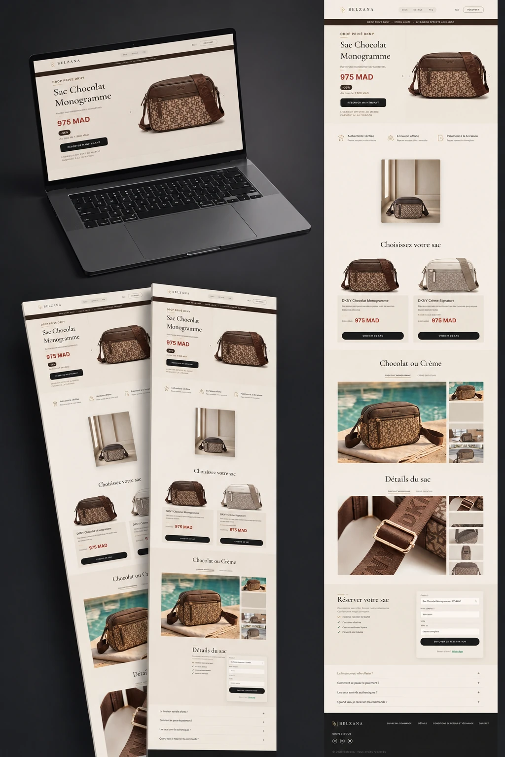 Belzana full page layouts stacked, from the product story down to the reservation step