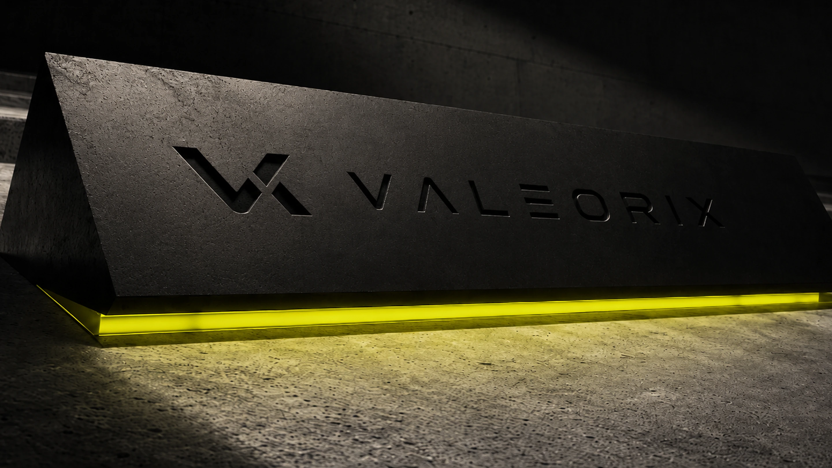 Valeorix architectural brand installation in black metal and fluorescent yellow.