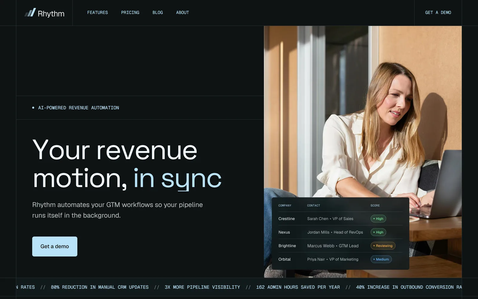 Homepage of the Rhythm website, a business software platform